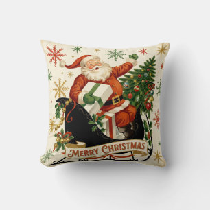 Jolly Vintage Santa Sleigh Ride Holiday Cushion