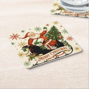 Jolly Vintage Santa Sleigh Ride Holiday Square Paper Coaster