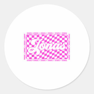 Jonas Chequered First Name I Love Jonas Hearts 80s Classic Round Sticker