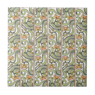 Jonquil Stripe Green Orange Art Nouveau  Ceramic Tile