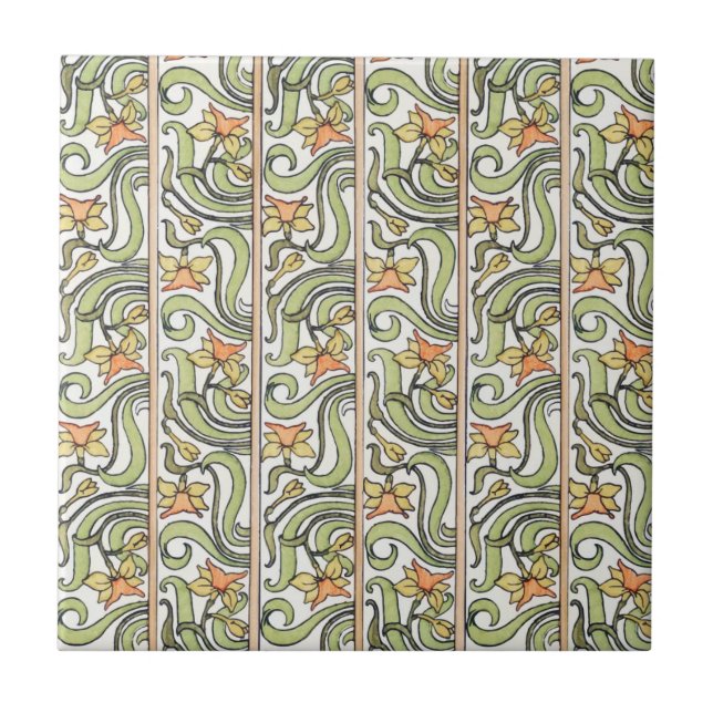 Jonquil Stripe Green Orange Art Nouveau  Ceramic Tile (Front)