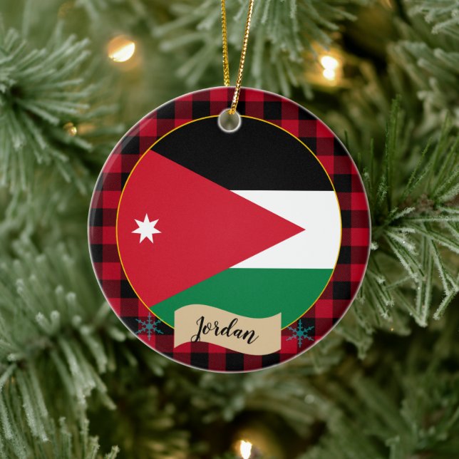 Jordan, Red buffalo plaid & Jordanian Flag Ceramic Ornament (Tree)