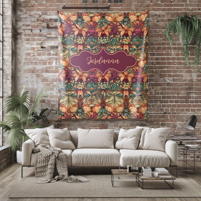 Jordanna Orange and Burgundy Floral Art Nouveau  Fleece Blanket (Creator Uploaded)