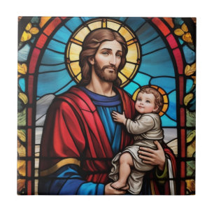 Joseph and Baby Jesus Christian Stained Glass Ceramic Tile
