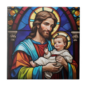 Joseph and Baby Jesus Christian Stained Glass Ceramic Tile