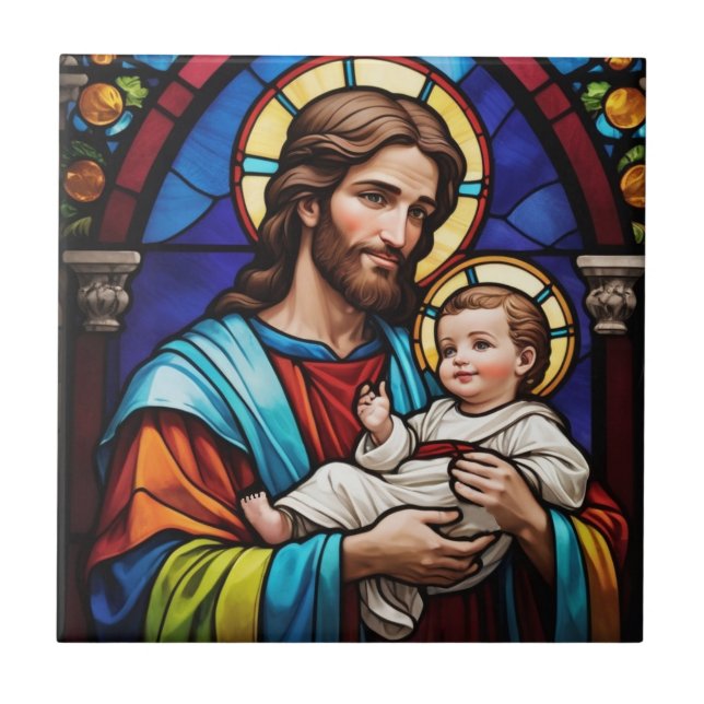 Joseph and Baby Jesus Christian Stained Glass Ceramic Tile (Front)