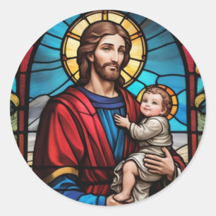Joseph and Baby Jesus Christian Stained Glass Classic Round Sticker