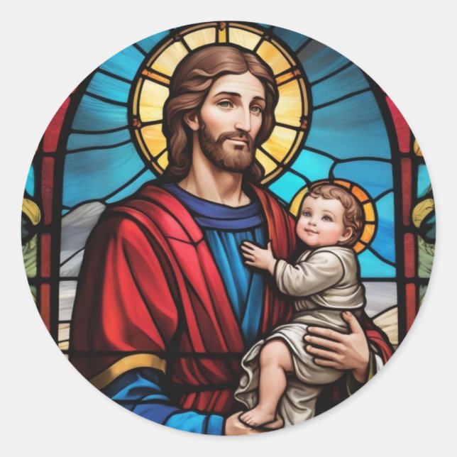 Joseph and Baby Jesus Christian Stained Glass Classic Round Sticker (Front)
