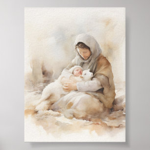 Joseph Holding Lamb and Baby Jesus Watercolor Art  Poster