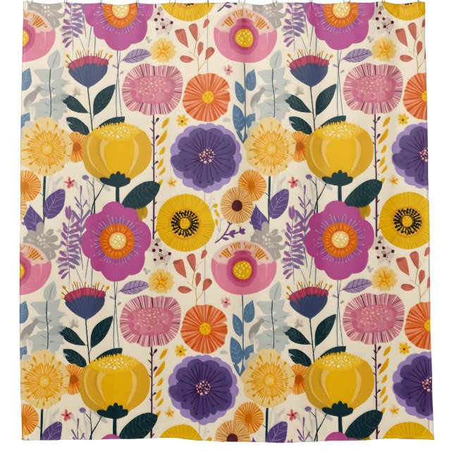 Josephine Colourful Purple and Yellow Modern Flora Shower Curtain (Front)