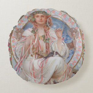 Josephine Crane Bradley as Lavia by Alphonse Mucha Round Cushion
