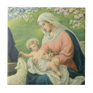 Joseph's Workshop with Mary and Baby Jesus Ceramic Tile