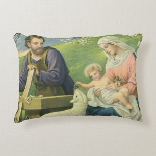 Joseph's Workshop with Mary and Baby Jesus Decorative Cushion