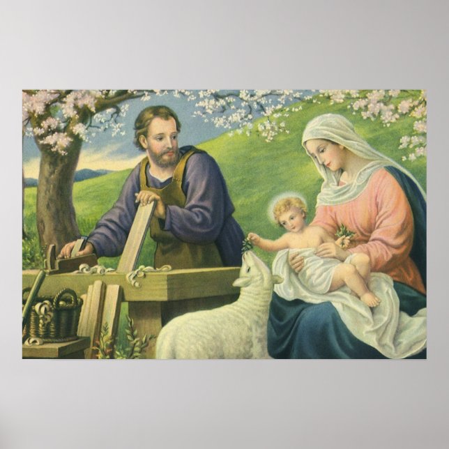 Joseph's Workshop with Mary and Baby Jesus Poster (Front)