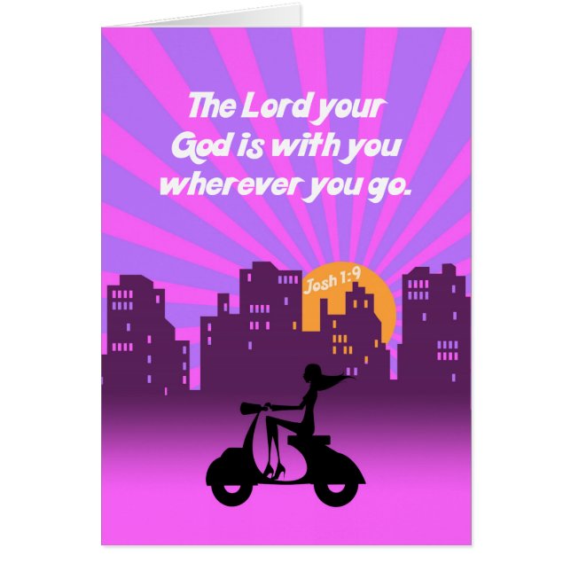 Joshua 1:9 Girl on Scooter w/Skyline - Bible Verse (Front)