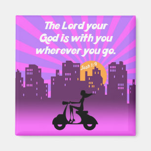 Joshua 1:9 Girl on Scooter w/Skyline - Bible Verse Magnet