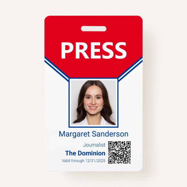 Journalist Photo ID and QR Code Press ID Badge (Front)