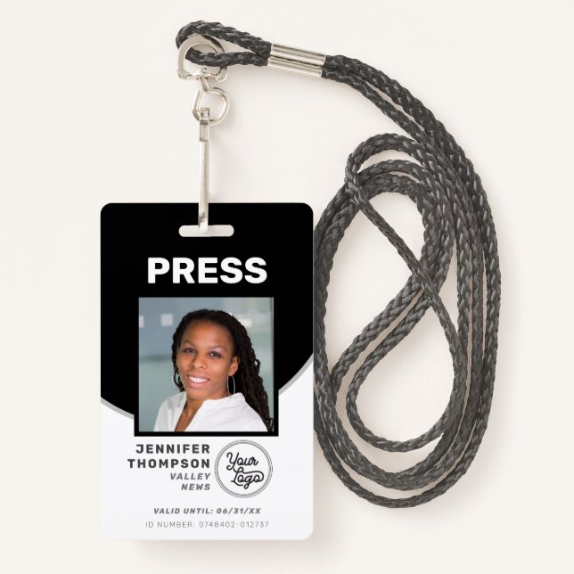 Journalist Press Pass Black and White Photo ID ID Badge (Front with Lanyard)