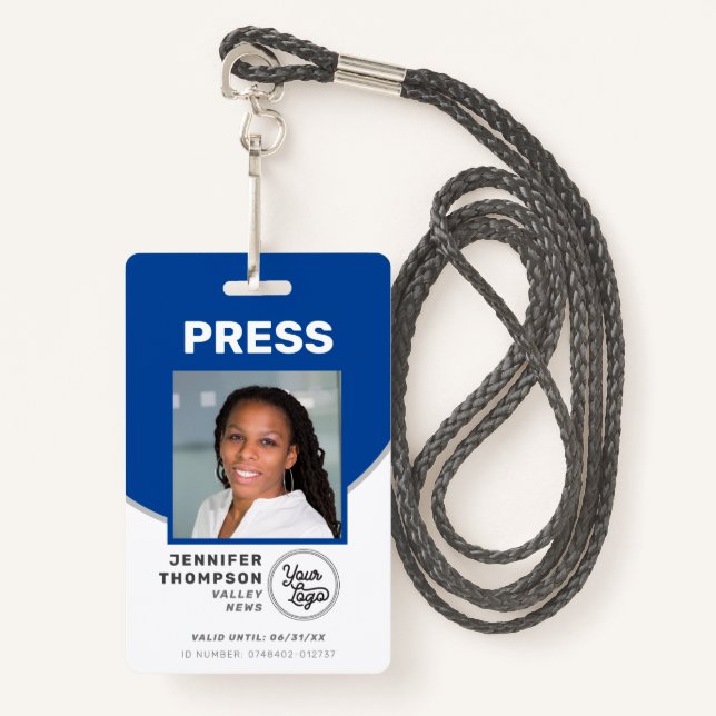 Journalist Press Pass Blue and White Photo ID ID Badge (Front with Lanyard)