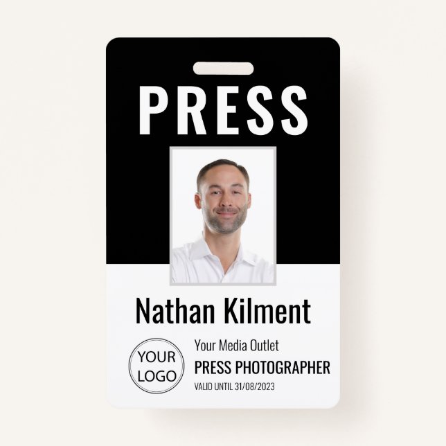 Journalist Press Pass Photo Name Logo ID Black ID Badge (Front)