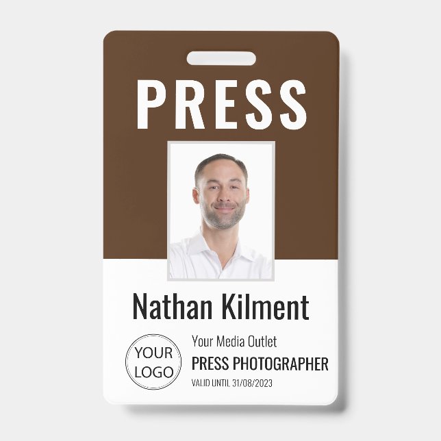 Journalist Press Pass Photo Name Logo ID Brown Badge (Front)