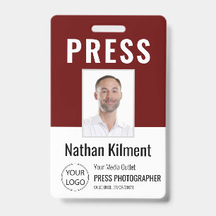 Journalist Press Pass Photo Name Logo ID Dark Red Badge