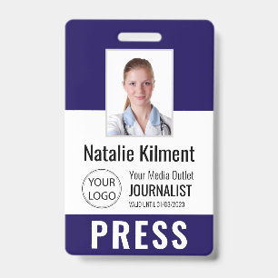 Journalist Press Pass Photo Name Logo ID Navy Blue Badge