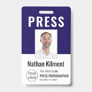 Journalist Press Pass Photo Name Logo ID Navy Blue Badge
