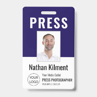 Journalist Press Pass Photo Name Logo ID Navy Blue Badge