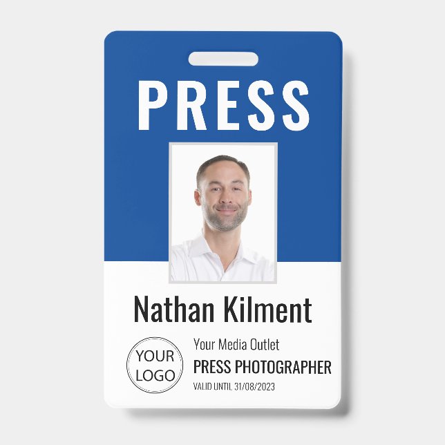 Journalist Press Pass Photo Name Logo ID Navy Blue Badge (Front)