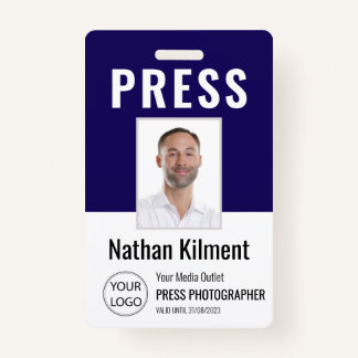 Journalist Press Pass Photo Name Logo ID Navy Blue ID Badge