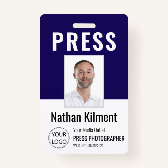 Journalist Press Pass Photo Name Logo ID Navy Blue ID Badge (Front)