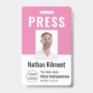 Journalist Press Pass Photo Name Logo ID Pink Badge