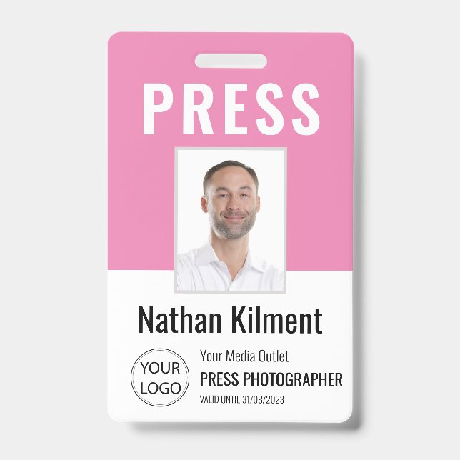 Journalist Press Pass Photo Name Logo ID Pink Badge (Front)