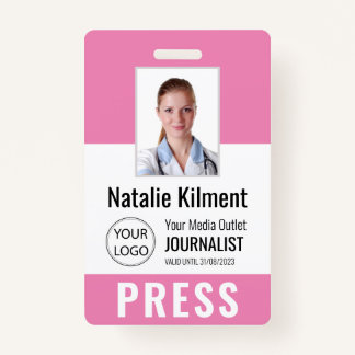 Journalist Press Pass Photo Name Logo ID Pink ID Badge