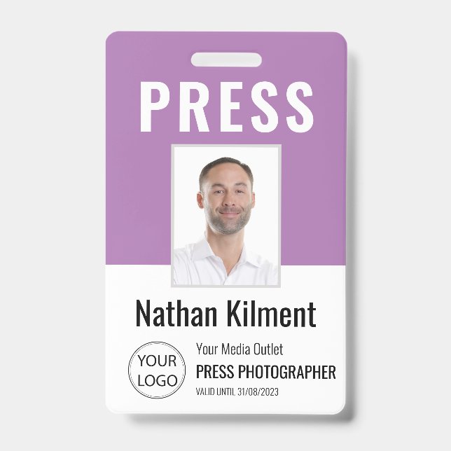 Journalist Press Pass Photo Name Logo ID Purple Badge (Front)