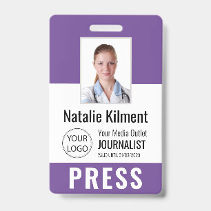 Journalist Press Pass Photo Name Logo ID Purple Badge