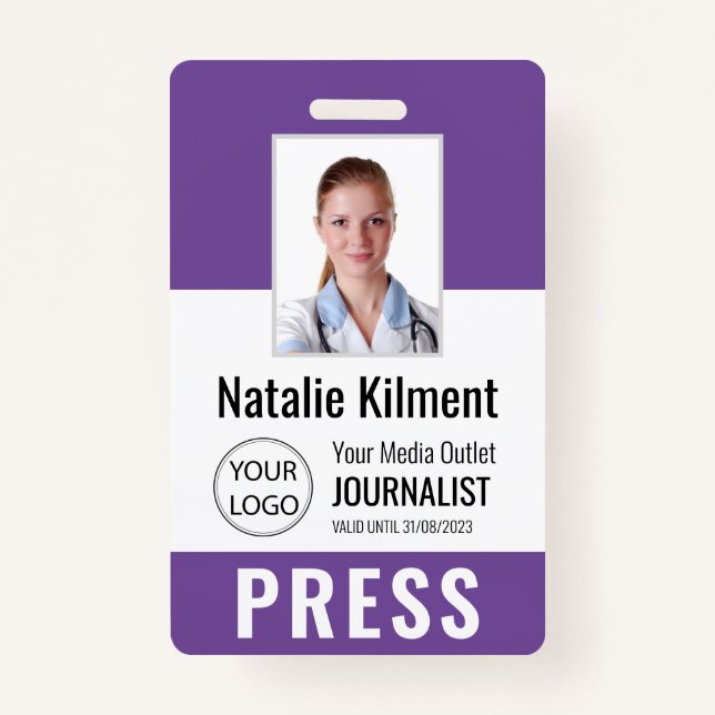 Journalist Press Pass Photo Name Logo ID Purple ID Badge (Front)