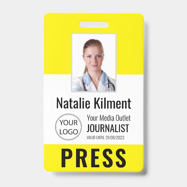 Journalist Press Pass Photo Name Logo ID Yellow Badge (Front)