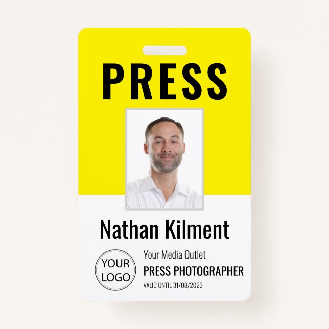 Journalist Press Pass Photo Name Logo ID Yellow ID Badge (Front)