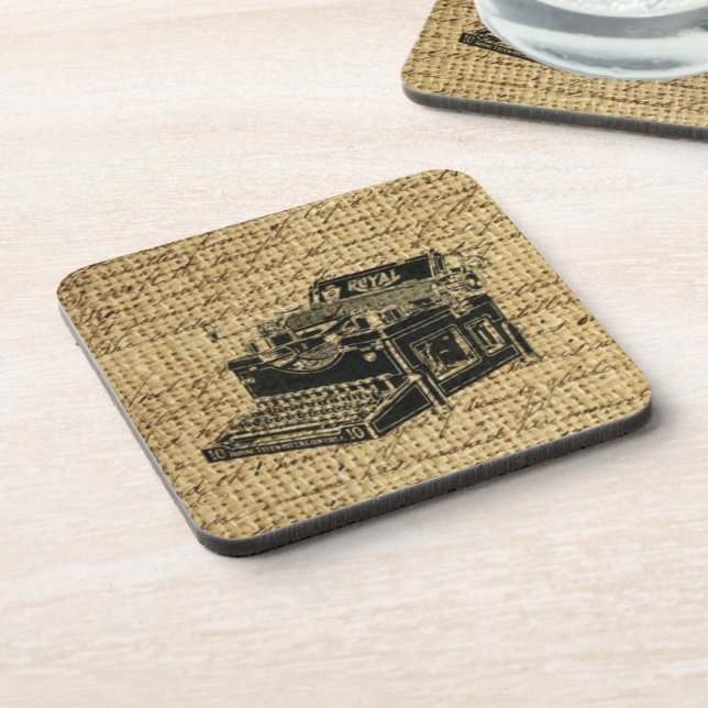journalist scripts burlap antique typewriter coaster (Left Side)