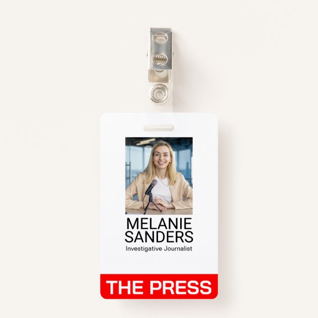 Journalist Smiling on Camera ID Badge (Front with Clip)