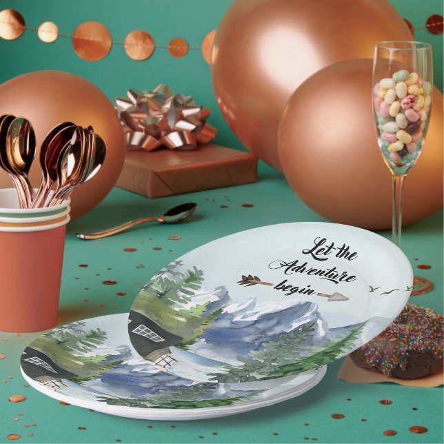 Journey Begin Rustic Mountain Watercolor Paper Plate (Multi)