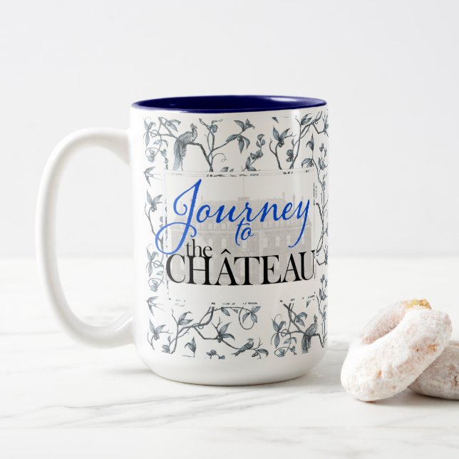 Journey to the Chateau Peacock Toile Pattern Mug (With Donut)