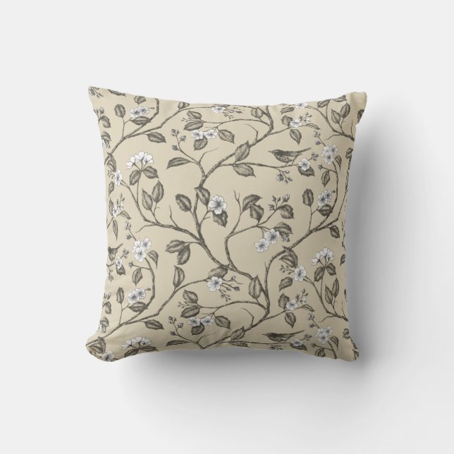 Journey to the Chateau Warbler Beige Throw Pillow (Front)