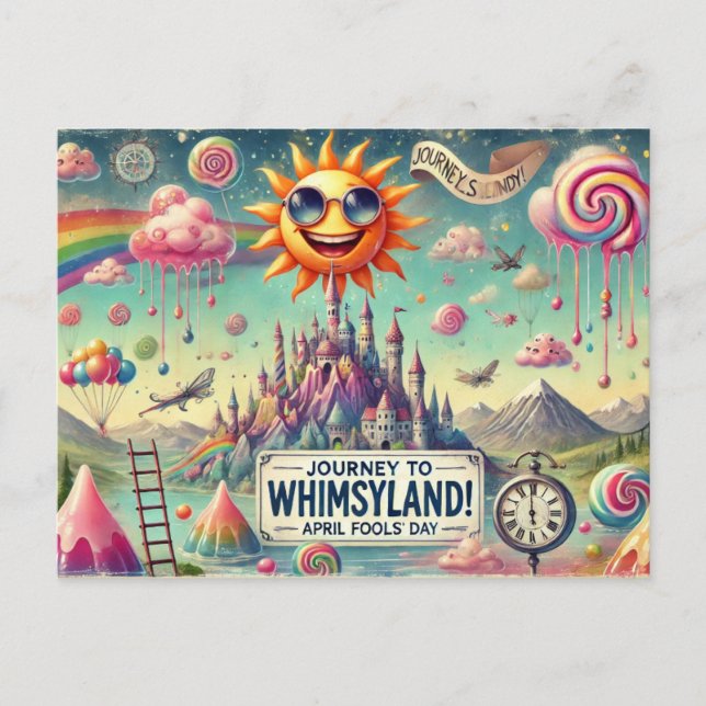 "Journey to Whimsyland!"  April Fools' Day, Postcard (Front)