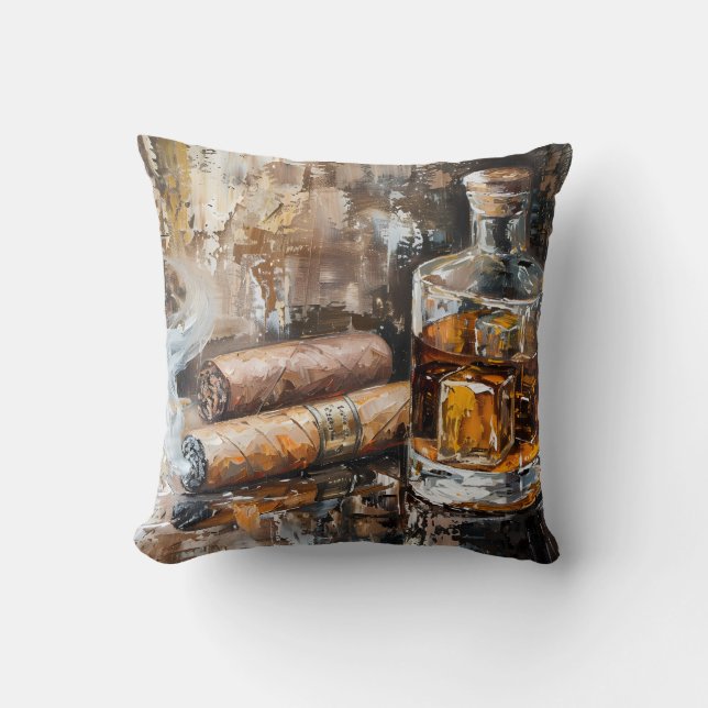 Journeying through Time with Whiskey and Cigar Cushion (Front)