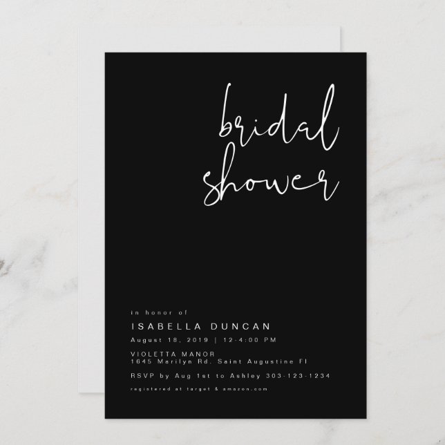 JOVI - Black Modern Minimalist Bridal Shower Invitation (Front/Back)
