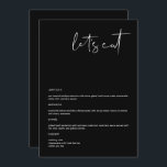 JOVI Edgy Black Modern 5x7" Let's Eat Menu<br><div class="desc">This menu features an edgy handwritten font and modern minimalist design with an edgy black and white colour combination. Easily edit *most* wording to match your needs. This menu makes the perfect addition to your simple contemporary or bohemian baby shower, bridal shower, wedding, retirement or any other event! This table...</div>