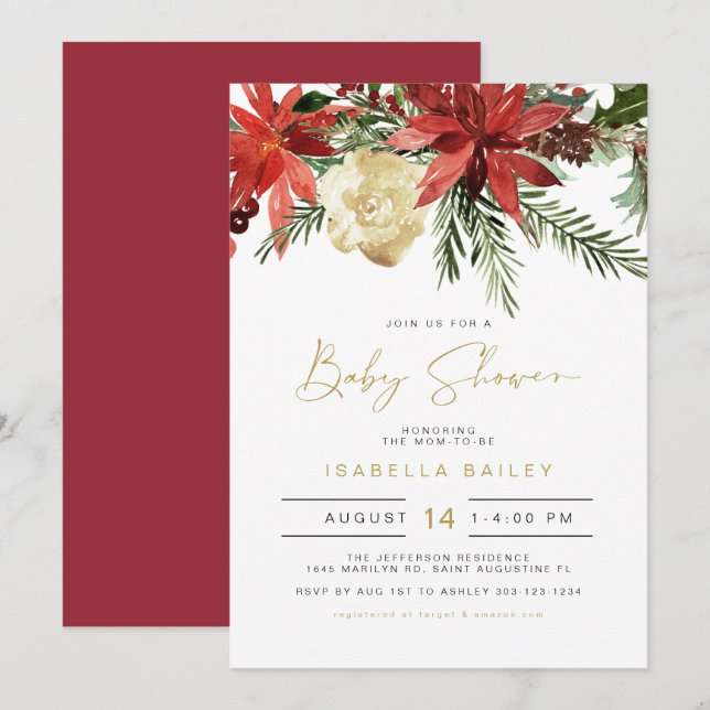 JOVI Holiday Red and Gold Poinsettia Baby Shower  Invitation (Front/Back)